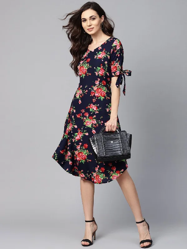 Women's Multi Polyester Printed Half Sleeve V Neck Dress - Myshka