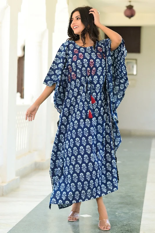 Women's Printed Kaftan Dress Embellished With Adda Work - Hatheli