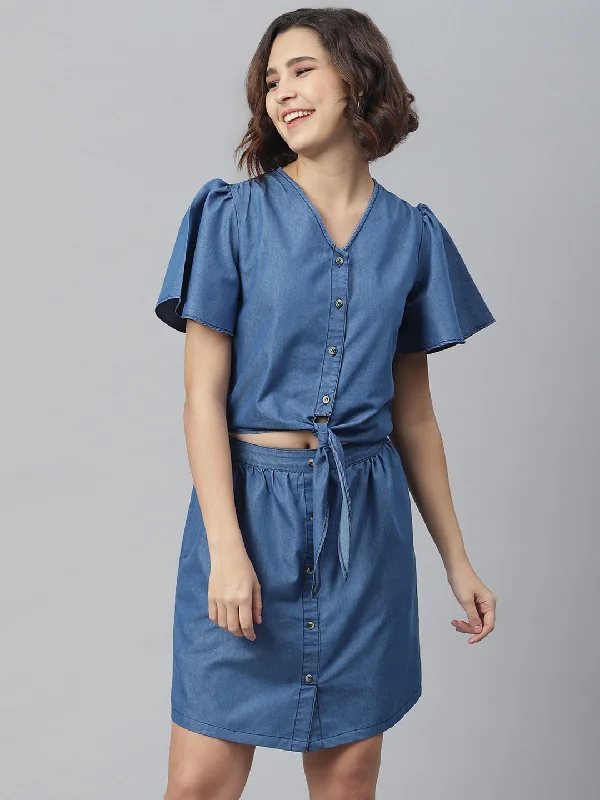 Women's Blue Denim Tie Knot Top and attached Skirt Dress - StyleStone