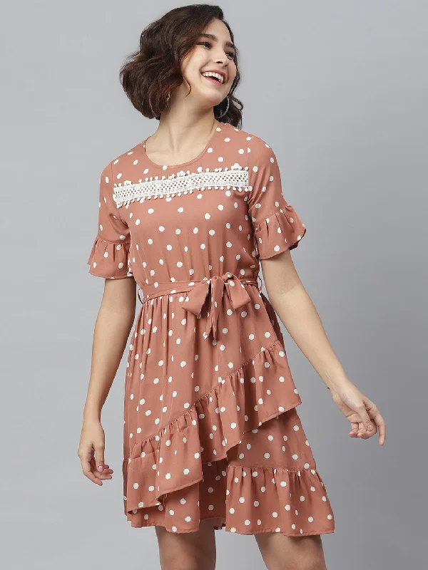 Women's Brown Polka Dress with Lace detail - StyleStone