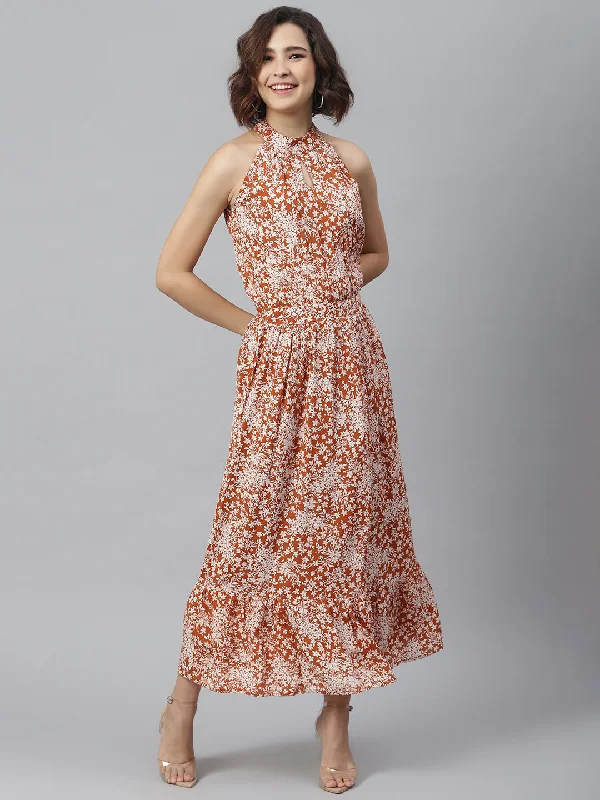 Women's Rust Printed Maxi Dress - StyleStone