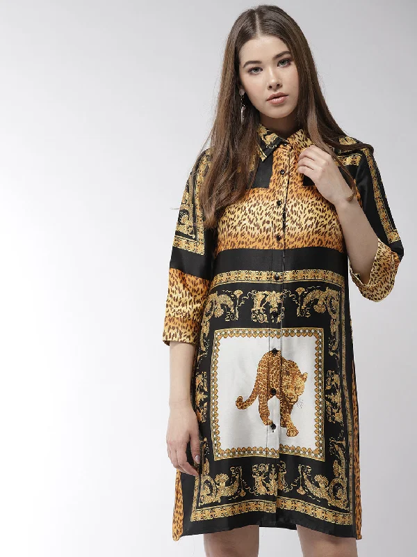 Women's Satin Printed Tiger Print Shirt Dress - StyleStone