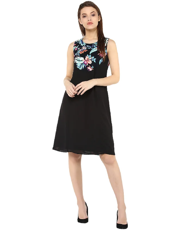 Women's  Tropical Print and Black Dress - StyleStone