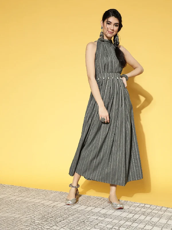 Women's Grey & Off-White Striped Pure Cotton Fit & Flare Dress With Halter Neck - Yufta