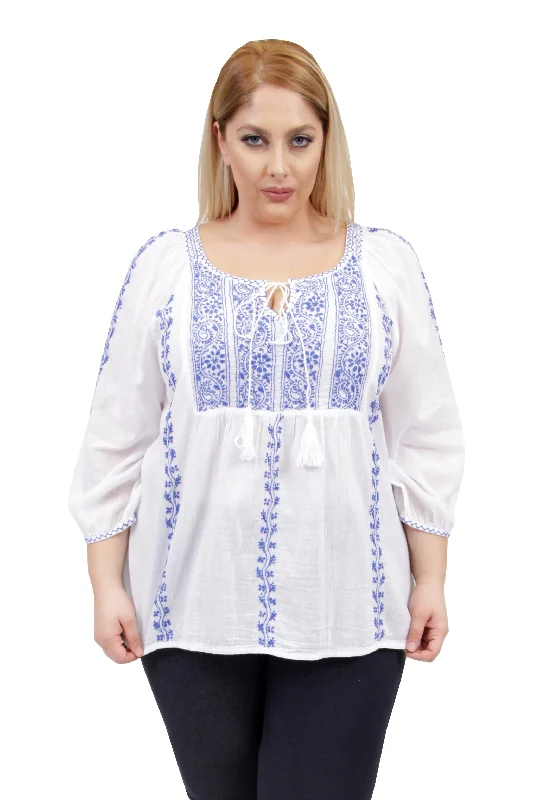 La Cera Plus Size 3/4 Sleeve Stripe Embroidered Peasant Top