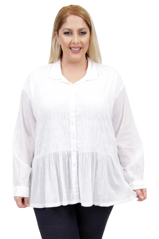 La Cera Plus Size White Puckered Button-up Top