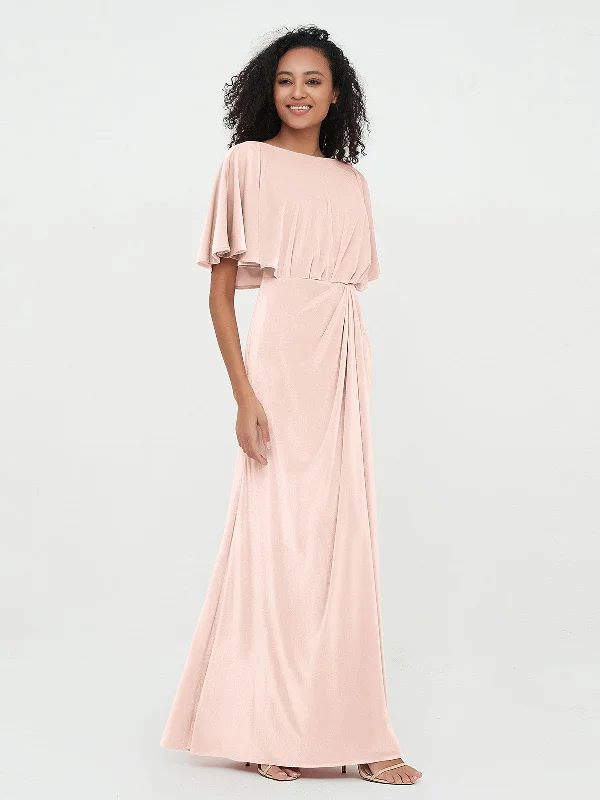 Sheath Velvet Long Dresses with Flutter Sleeves Pearl Pink