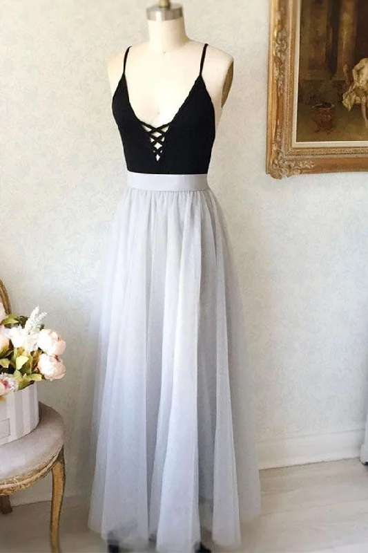 Simple A-Line Spaghetti Straps Black Top Tulle Gray Long Prom Evening Dresses OKG17