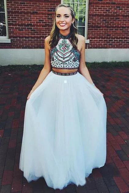 Two Piece Halter Embroidered Tulle Prom Dress Cheap A Line Long Formal Dresses OKN78