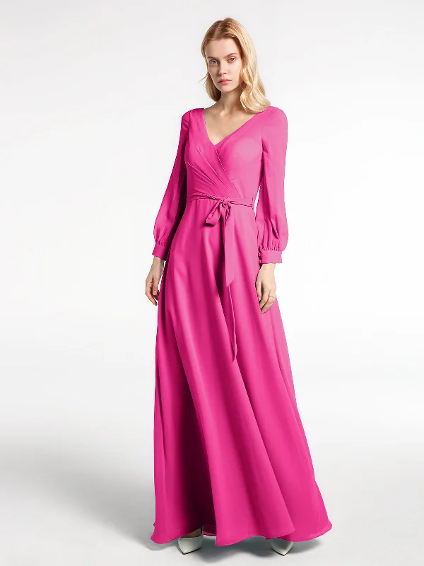 V-neck Bishop Sleeves Chiffon Dress with Bow-Fuchsia