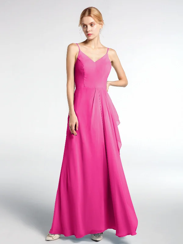 V-neck Chiffon Simple Maxi Dress with Spaghetti Straps-Fuchsia