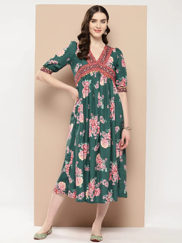 Women's Floral Printed Empire Ethnic Dress - Ahalyaa