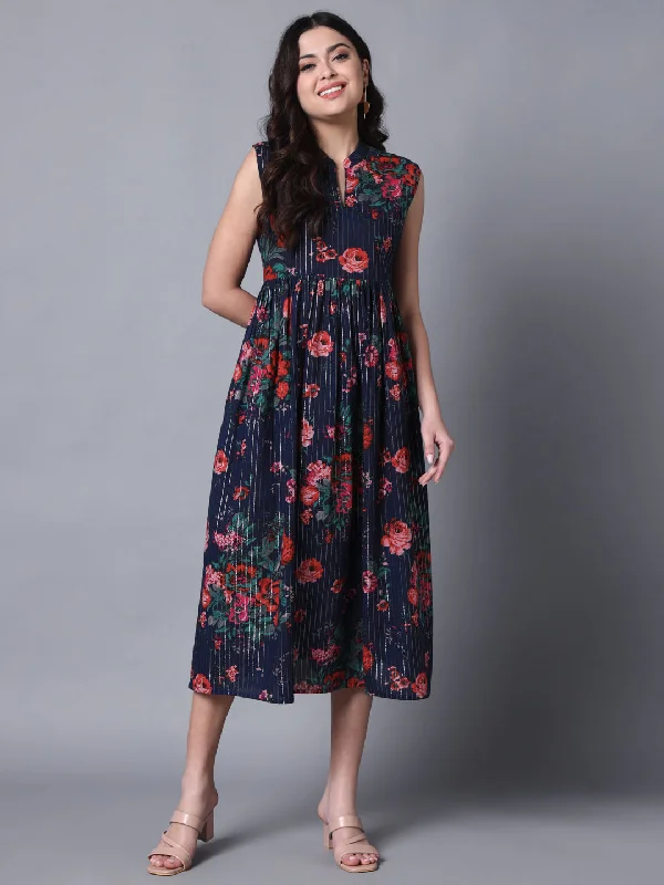 Women's Deep Blue Floral Print Sleevless Dress - Deckedup